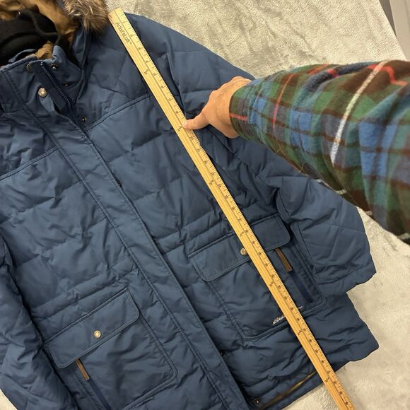 Eddie Bauer EB550 Down Puffer Parka Women's L Faux Fur Hooded Coat Blue Pockets - Picture 4 of 7